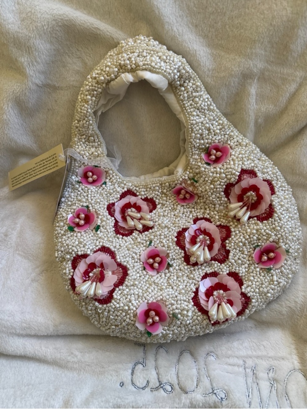 Beaded Ivory Mini Hobo Bag with Pink Floral Embellishments
